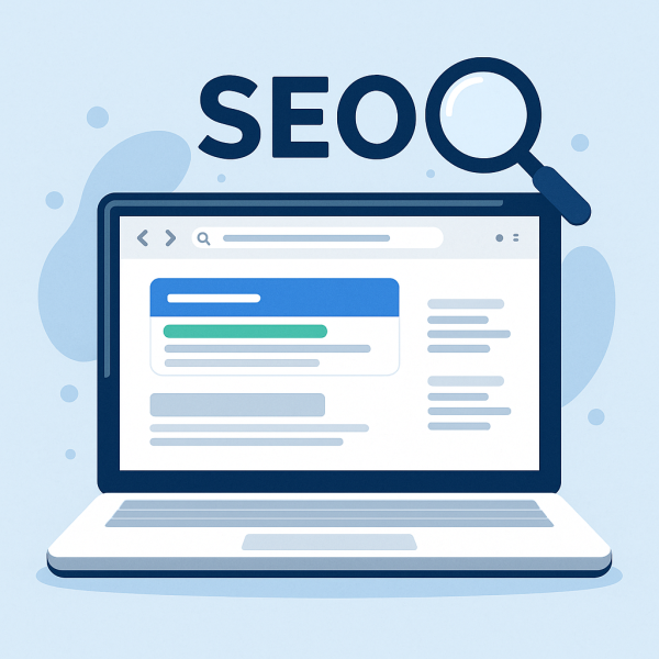 A stylized image of a computer screen or mobile phone showing a mock Google search with one website ranking at the top. Purpose: Visually communicates visibility and ranking — key themes of SEO.