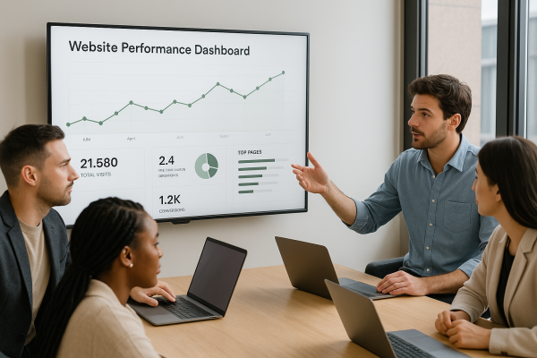 Four professionals in a modern meeting room review a website performance dashboard displayed on a large screen, showing graphs, traffic metrics, and conversion data.