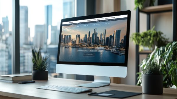 Modern office desk setup with a computer displaying a sleek, professional web design for a digital agency, featuring a high-resolution image of a city skyline—ideal representation of cutting-edge website design services for businesses in Perth and beyond.